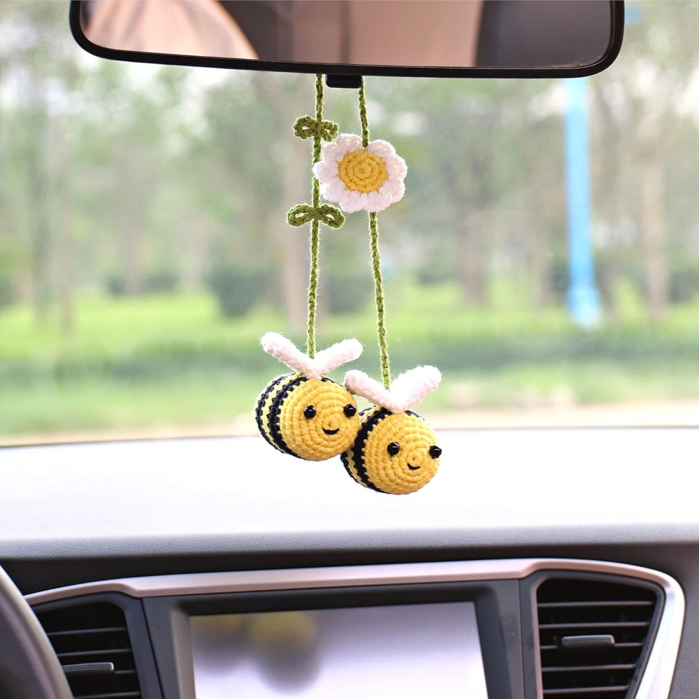 Car Accessories Mirror Hanging - Niedlicher Gehäkelter Bienen-Auto-Rückspiegel-Anhänger, Handgemachtes Garn-Hängeornament, Taschen-Schlüsselanhänger,