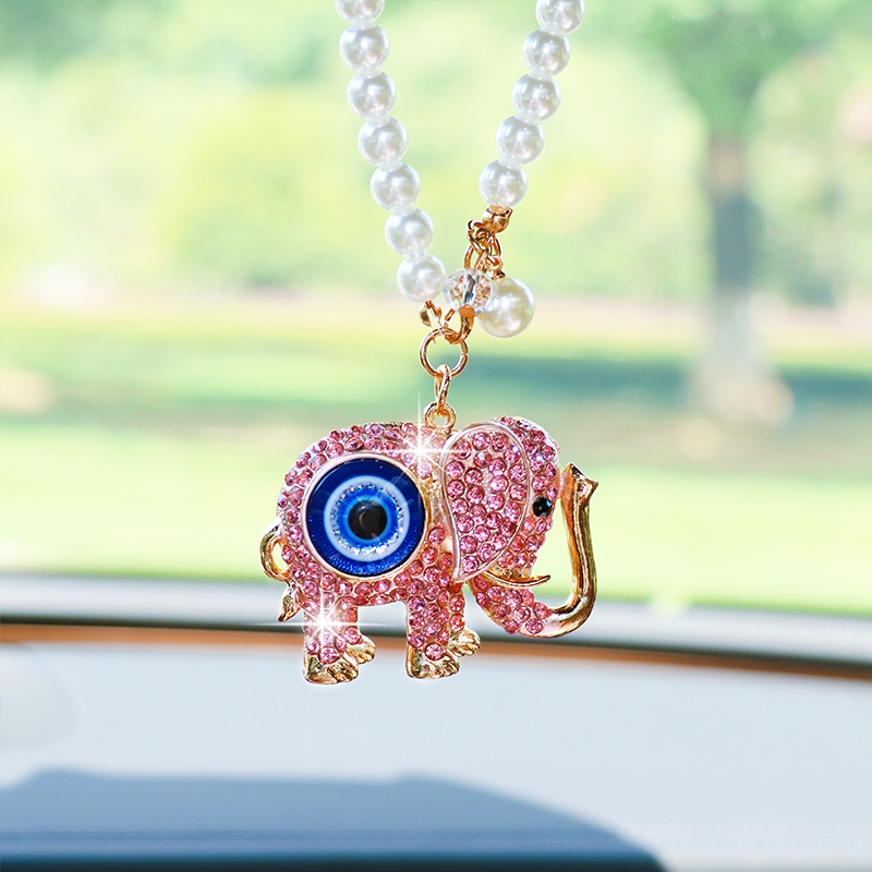 Car Accessories Evil Eye - Kreativer Strass-Elefant-Auto-Rückspiegel-Anhänger, niedliches Cartoon-Dämonenauge, Auto-Hängeornament, Geschenk
